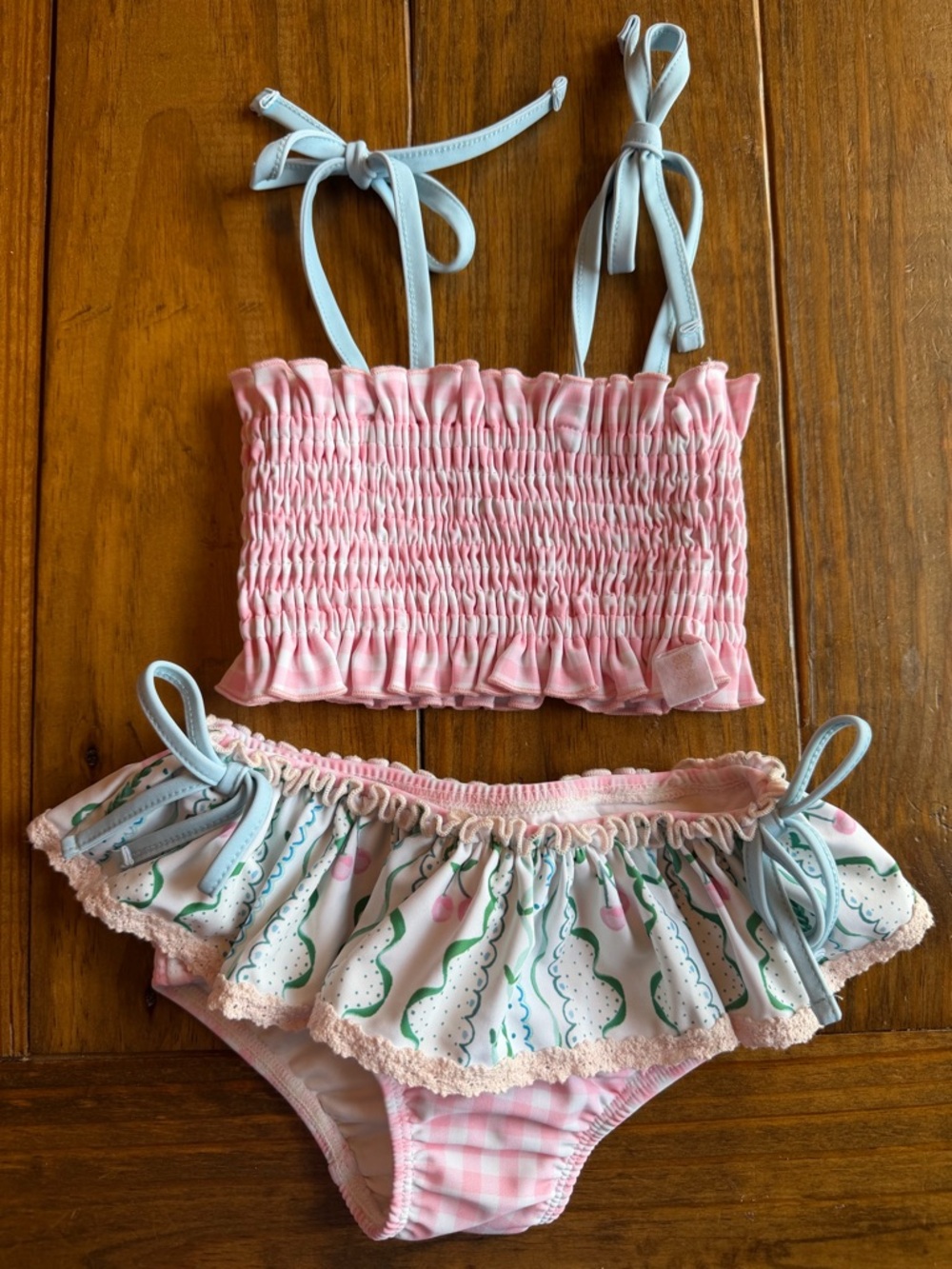 Sweet Honey Girls Pink Smocked Ruffle Bikini Set with Blue Ties